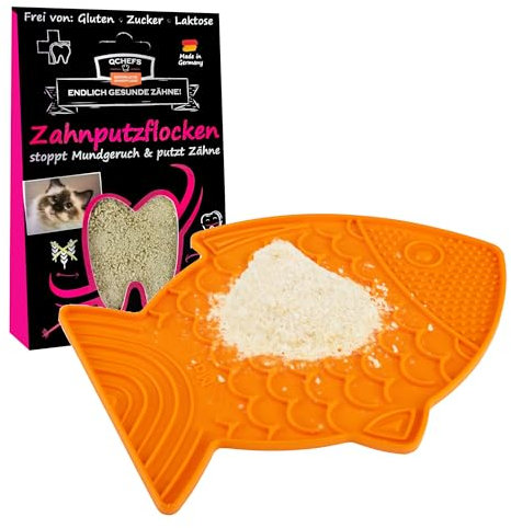 Qchefs Schleckmatte Felix mit Zahnputzflocken für Katzen zum Schlecken von der Futtermatte. Zahnpflege als Futter Topping mit der Lieblingsleckerei auf der Leckmatte bei Mundgeruch
