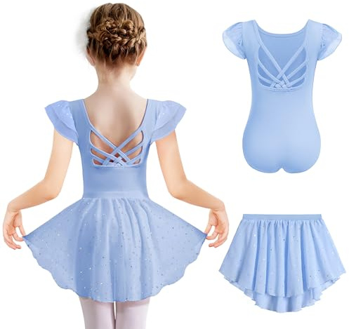Arshiner Abbigliamento da Ballo per Bambini Vestito da Balletto Blu Body da Danza Cotone Senza Schienale Tuta Ragazze Body da Danza Due Pezzi Colore Solido con Gonna Tutu 6-7 Anni