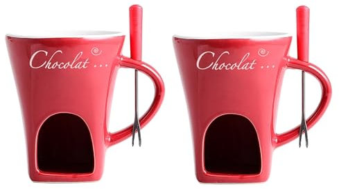 ABPWO Chocolate Fondue Mug, Ceramic Mugs for Chocolate or Cheese, Chocolate Fondue Cup Set with Forks, Great for Date Night Birthday & Wedding Gifts(2 Red)