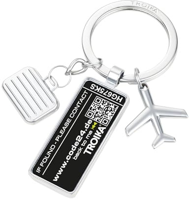 TROIKA Portachiavi Indirizzo CODE24 - 3 Charms: aereo, valigia e placca - Include 2 anni di servizio di scoperta gratuito dopo la registrazione - metallo pressofuso - cromato - argento, argento, 8 x