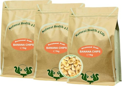 Natural Health 4 Life 3 Pack Dried Banana Chips 1kg, Non-GMO, Vegan and Gluten Free Snack, Naturally Sweetened Banana Slices, Sodium Free, Great for Snacking, Baking & Breakfast Toppings - (3 Pack)