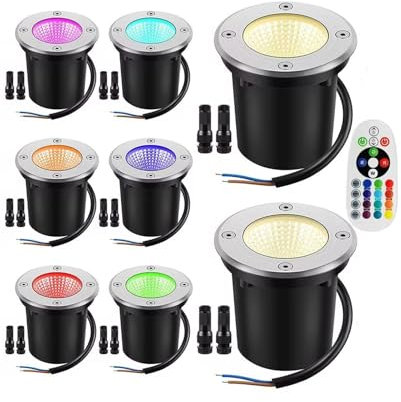 GUODDM 8PCS LED Foco Empotrable Al Aire Libre - Luces Led Suelo Terraza Exterior, con Mandos A Distancia 12V 24V Proyector De Iluminación, Focos De Exterior Led De Colores Empotrables RGB 6W(6W 12v)