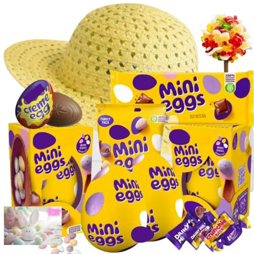 Easter Egg Bundle – Mini Eggs Hamper | Bulk Chocolate Easter Eggs – Medium Eggs, Mini Egg Bar & Bag, Creme Egg, chocolate truffles & Easter Bonnet | Easter Gifts for Egg Hunt & Ester Activity (600g)