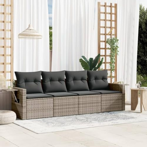 IKAYAA 4-TLG Balkon Rattan Sofa 3 Sitzer Outdoor, Gartensofa mit Kissen, Lounge Möbel Set in Poly Rattan Grau