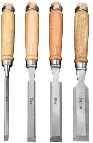 4 cinceles de tallado de madera con cuchillas de acero de alto carbono y asas de madera, bordes biselados para trabajos de escultura y detalles finos, tamaños 1/4, 1/2, 3/4, 1 pulgada