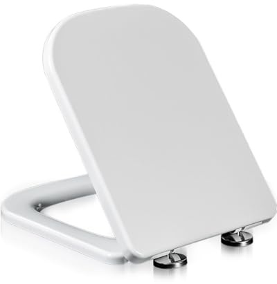 Sedile WC Quadrato con Coperchio, copriwater Quadrato, Bianco, con Chiusura Ammortizzata, a sgancio rapido, copriwater con Cerniere di Fissaggio dall'alto, Facile da installare, 04B