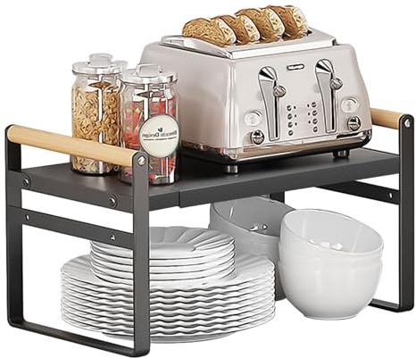 Kitchen Expandable Shelf Organiser - Adjustable 37 to 60cm, Extendable Cabinet Storage Shelf Stand, Countertop Kitchen Shelves, Multi-Function Space Saver Plate Organiser for Countertop(Black)
