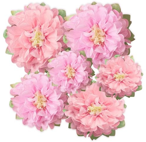 6 Stück Papierblumen Deko, Papierblumen Pompons, Seidenpapier Blumen, Pompons Deko, Geburtstags Dekoration, Party Dekoration, Mädchen Rosa, Verlobungsfeiern, Brautpartys, Babypartys