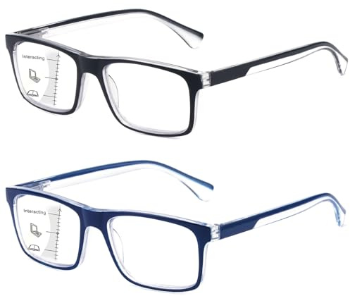 Missfive 2-Pack Light Near Varifocal Reading Glasses Mens, Progressive Multifocal Glasses with Spring Hinge, Workspace For Near-Mid Range