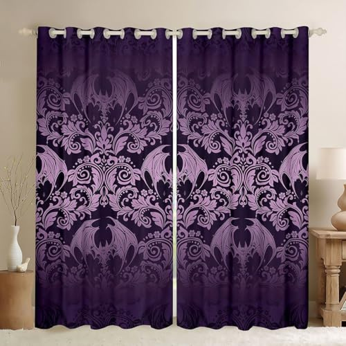 Homemissing Tende con stampa damascata gotica per camera da letto e soggiorno, viola, pipistrello gotico vittoriano, 30%-50% oscuranti, tende oscuranti per finestre bohémien, esotiche, 2 pannelli