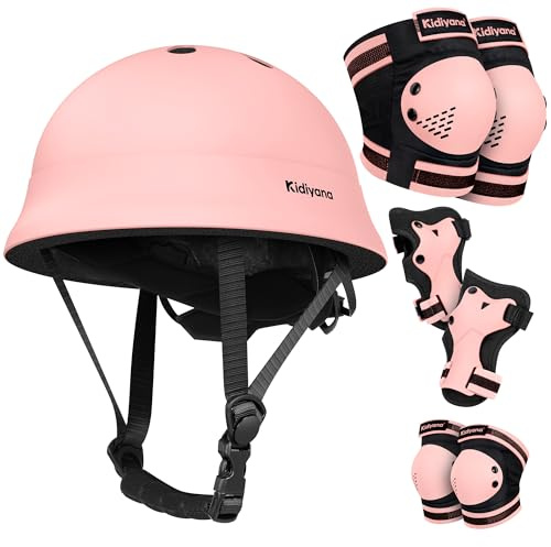 Kidiyana Barnhjälm 48–54 cm 6-i-1 skyddset – ultralätt PC-cykelhjälm med knä, armbågs- och handledsskydd för skoter, inliner, skateboard och cykel, S (2–6 år), rosa