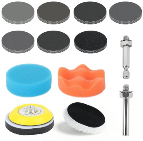LiangSanXin 57 Kit Lijas Pulir Faros 76mm Grano 60-3000 para Taladro | Almohadillas de pulido multiuso, compatible con coches, metal y madera, accesorios prácticos para pulidoras y taladros
