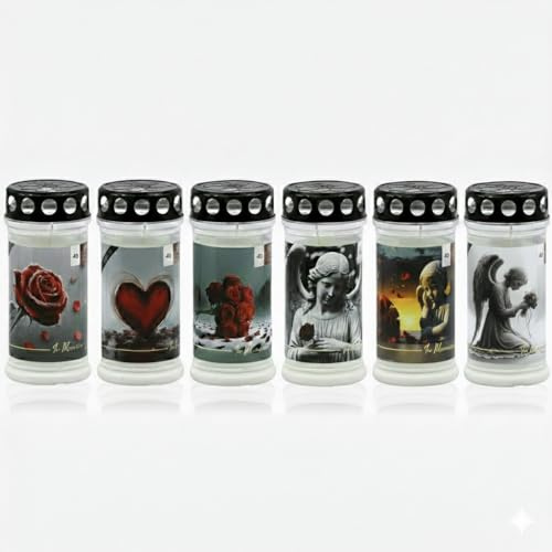 Horeca Candles - Bougies Funéraires avec Couvercle - Durée 4 Jours - Lot de 6 Bougies pour Cimetière - Cire Blanche - Bougie pour Tombe avec Motifs