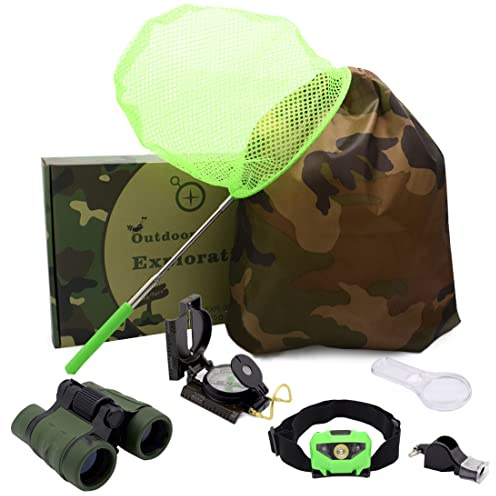 Kids Outdoor Adventure Set :Educational Children’s Toys Binoculars, LED Headlamp Flashlight, Compass, Magnifying Glass Whistle Butterfly Net & Backpack(Camo Color) for Boys