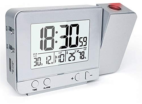 Kilcvt Weather Station with Projection Alarm Clock, Digital Thermometer Hygrometer, Snooze Function Backlight Rotatable Wake Up Projector Multifunctional Led Clock,Gray