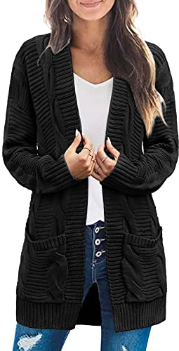 MEROKEETY Women's 2025 Long Sleeve Cable Knit Cardigan Sweaters Open Front Fall Outerwear Coat Pockets, Black, Large