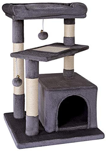 lionto Kratzbaum für Katzen mit gemütlicher Liegefläche & Höhle, Höhe 75 cm, Katzenbaum mit Sisalseil & weichem Plüsch, 2 Plüschbälle inkl. Glöckchen, für kleine & große Katzen geeignet, dunkelgrau