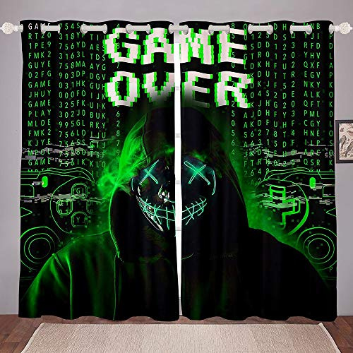 Homewish Gamer Verdunkelungsvorhänge Alien Videospiele Spieler Gaming Gamepad Design Vorhänge für Teen Erwachsene Frauen,Dekorative Panels für Schlafzimmer Gardinen Blickdicht 2 Paneele,Grün 175x140cm