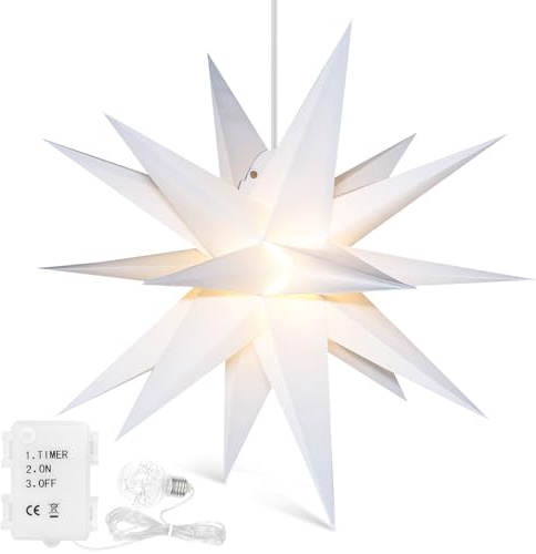Qijieda 3D Weihnachtsstern Beleuchtet Batterie mit Timer - 45cm led Christbaumspitze Stern, Adventsstern Stern Zum Dekorieren von Weihnachtsbaum, Innenhof, Balkon Und Garten