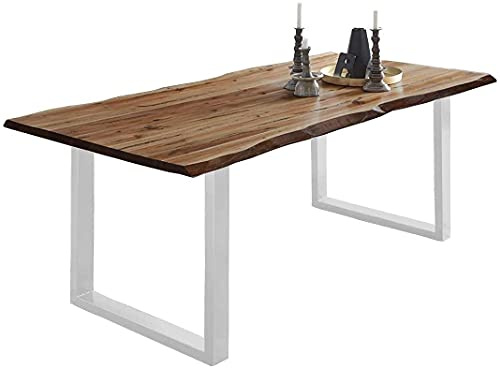 SAM Esstisch Mephisto 160x85 cm Akazie nussbaum U-Gestell weiß | Baumkantentisch massiv, Akazienholz nussbaumfarben, 26 mm Tischplatte, Esszimmertisch, Holztisch