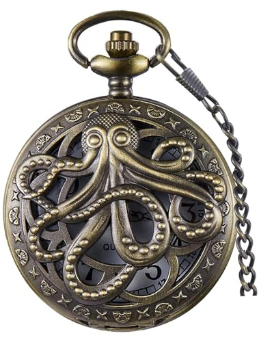 Tiong Vintage Octopus Hollow Quartz Pocket Watch Steampunk Bronze Pocket Watch with Necklace Gift for Men