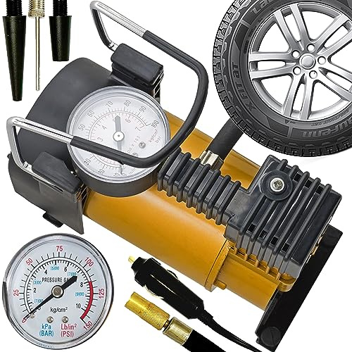 Retoo Mini-Luftkompressor 12 V, 150 PSI, mit Manometer, 3 Ventiladaptern | Zigarettenanzünder-Stecker, Luftschlauch mit Absperrventil, für Reifen, Bälle und Luftmatratzen, 580 g, 13 x 17,5 x 8,5 cm