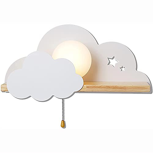 LED Wolken Wandleuchte mit Schalter Indoor Holz Wolke Wandlampen mit Zugschalter E27 Moderne Kinderzimmer Runder Glas Lampenschirm Wandbeleuchtung Weiß Mädchen Junge Schlafzimmer Wandspot Nachtlicht