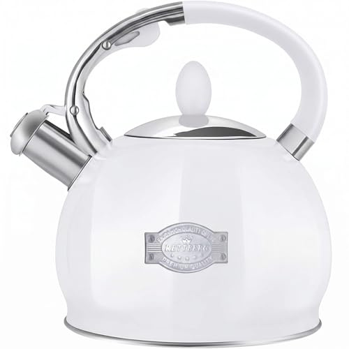 RETTBERG Tea Kettle for Stovetop Induction Whistling Tea Kettles 2.64 Quart Retro Food Grade Stainless Steel Teapots with Cool Touch Handle White