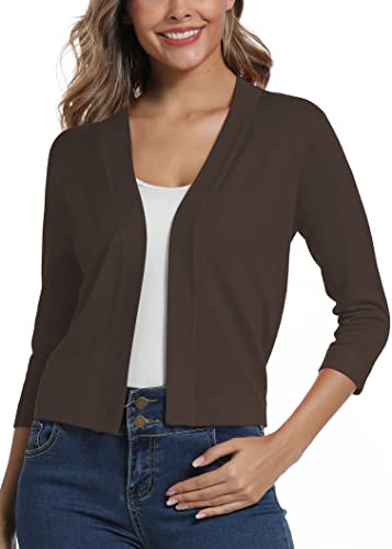 Elegante 3/4 Manga Sólido Cárdigan para Mujer (XL, Marrón)