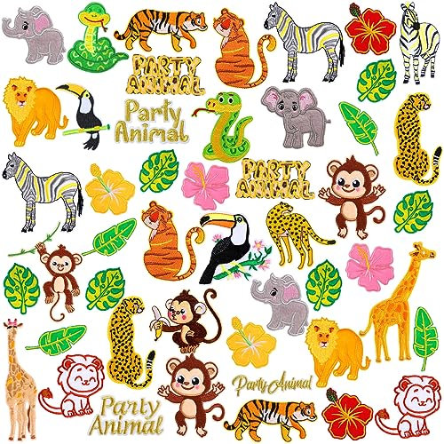 Riceshoot 48 Stück bestickte Flicken mit Tieren, gemischte Tiere, zum Aufbügeln, Löwe, Giraffe, Tiger, Snack, Elefant, Affe, Blatt, Tier-Verzierungen, Aufnäher, Applikationen für DIY-Schuhe, Kleidung,
