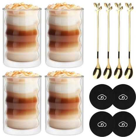CPROSP 4 * 350ml Tasse à Café Double Paroi, Verre à Double Paroi pour Café Latte avec 4 Cuillère + 4 Sous-Verre, Tasses à Café en Cristal Résistantes à la Chaleur