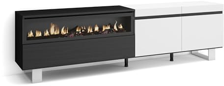 Skraut Home | Meuble TV | Banc Télé | Grand Espace de Rangement | 200x57x35cm | pour Les TV jusqu'à 80 | Cheminée électrique | Design Industriel | Style Moderne | Blanc et Noir