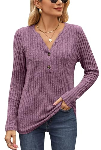 Akiooue Women's V Neck Jumpers Womens Autumn Winter Casual Long Sleeve Tops Ladies Solid Lightweight Knit Jumper Tunic with Button
