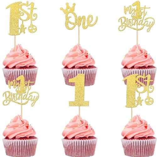 24 Stück Erster Geburtstag Cupcke Toppers Glitzer Krone One Tortendeko One Jahr alt Kuchen Deko für Kinder Jungen Mädchen 1. Geburtstag Party Baby Dusche Kuchen Dekorationen Gold