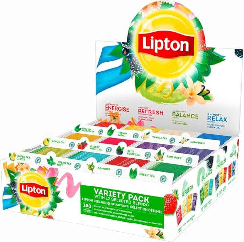 Lipton, Séléction Détente, Coffret Thé et Infusions, 12 Goûts Différents, Thé Vert, Thé Noir et Infusions, Infusion à Froid ou Chaud, 1 Boite de 180 Sachets