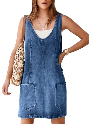 BerryGo Women's Denim V Neck Sleeveless Overall Dress Casual Mini Pinafore Dress Short Jumper Jeans Dress with Pocket Blue M