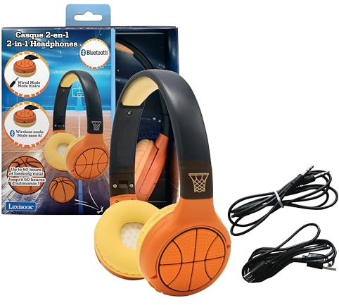 LEXIBOOK - Basketball - 2-in-1 Bluetooth & Wired Headphones with microphone and control button, Foldable and Adjustable, Long lasting rechargeable battery, HPBT010BA