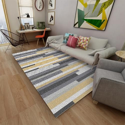 Teppich Wohnzimmer Teppich,Rutschfester abwaschbarer Teppich grau schwarz gelbes Streifendesign,deko terrasse modern Badezimmer deko 200x300cm