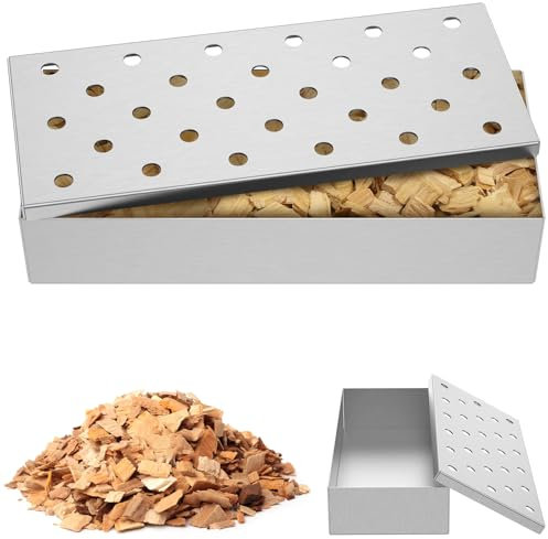 Räucherbox für Holzspäne, 22,9 x 10,2 cm, Edelstahl, BBQ Smoker Box mit Deckel, Grillaromen, Räucherzubehör für Gaskohlegrills, 2 Stück