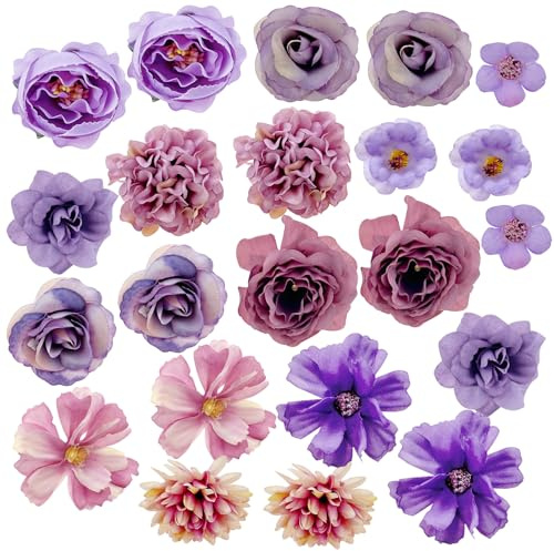 Jaczora 20 PCS Purple Artificial Flower, Heads-Craft Fake flower Decoration Mini Silk Pink Flower Heads Bulk Mix for for Home Decor, Wedding Bouquet DIY, Party, Garden, Cake Decoration