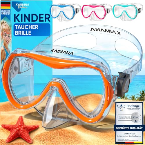 Kaimana® Taucherbrille Kinder inkl. gratis Tragetasche | ab 3 Jahre | extra Bequeme Taucherbrille mit Stoff- / Silikonband | Kinder Schwimmbrille mit Nasenschutz
