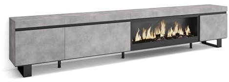 Skraut Home | TV-Schrank, Lowboard | für Wohnzimmer und Esszimmer | 288x57x35 cm | Für großformatiges TV | Elektrokamin XXL | Industriedesign | Moderner Stil | Zement