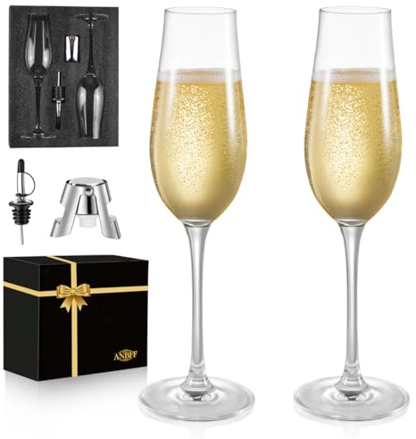 Champagne Flutes - Set of 2 Hand Blown Crystal Clear Glass - 8.2 Oz Champagne Glasses with Champagne Stopper and Gift Box - for Prosecco, Mimosa, Sparkling Wine
