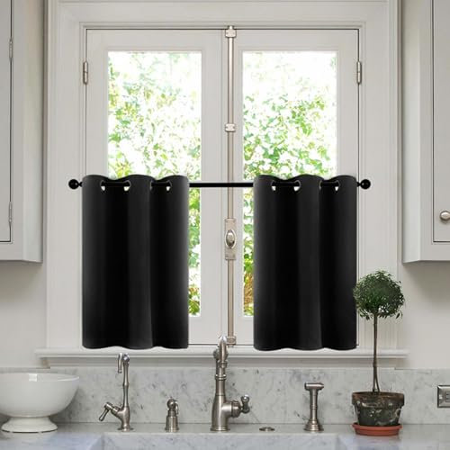Skcess 2PCS Curtains for Bedroom Schwarz, Polyester Verdunklungsvorhänge Doppelseitiges, Einfarbiges Muster Vorhänge Kurz 132X137CM