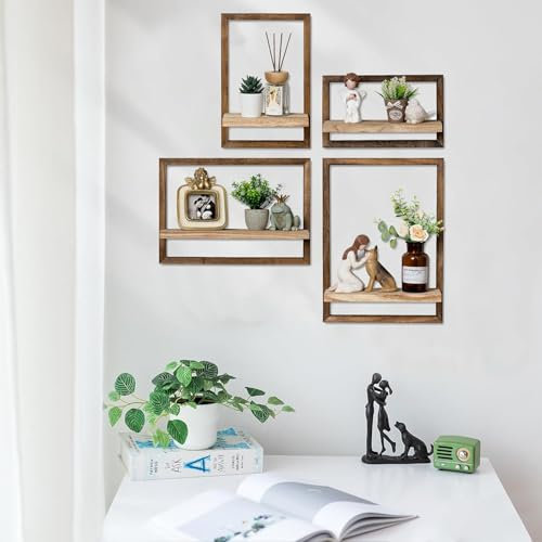 Schwebende Regale, Holz, rustikaler Rahmen, Wandregal, Wandwürfel, 4 Stück, modern, schick, Schattenbox-Rahmen für Schlafzimmer, Wohnzimmer, Schlafzimmer, Trophäe, Display, Fotorahmen, Büropflanzen