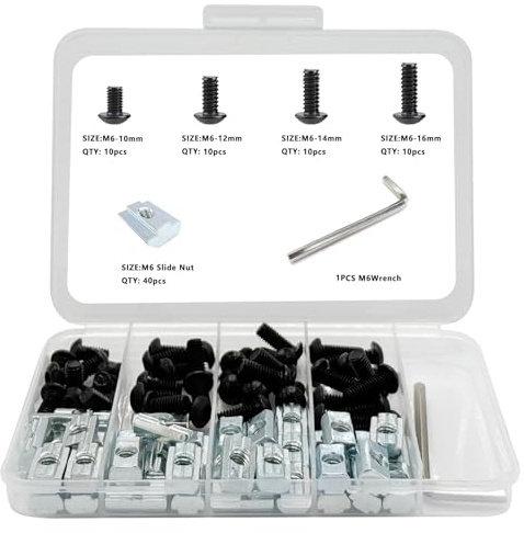 80 pcs M6 T Nut Screws Kit for 1010 1020 Aluminum Extrusion, 40 pcs Black M6x10/12/14/16mm Hexagon Socket Screws and 40 pcs M5 Sliding T-Nuts with 1 pcs M6 Hex Wrench