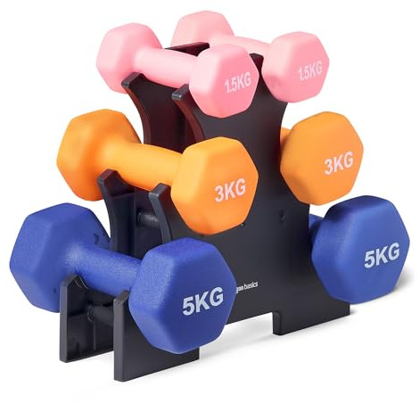 Amazon Basics Neoprene Dumbbell Weights Set with Stand, 1.5, 3, 5 kg Pairs