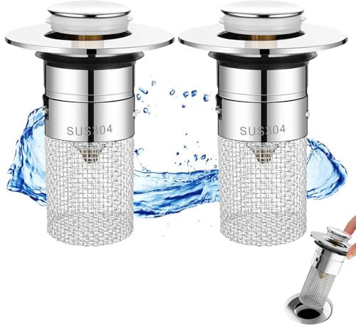 Maxentico Tappo Lavandino Bagno(2Pcs), Pop Up Universale Cucina per Lavabo a Scomparsa, con Filtro Rimovibile, Inossidabile Tappi Scarico, per Tappo di Scarico per Lavello da Appoggio