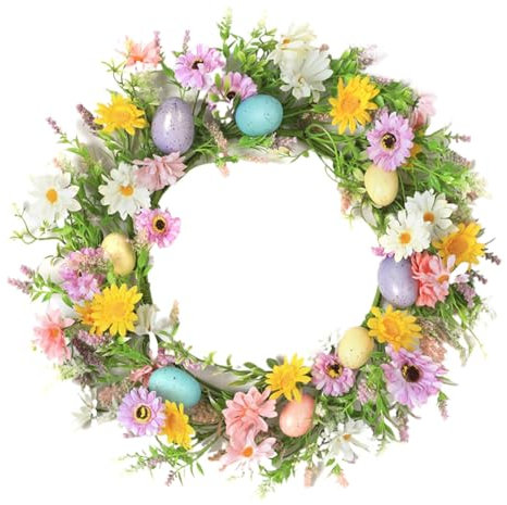 Ghirlanda primaverile con uova, ghirlande pasquali per porta d'ingresso | Ghirlanda primaverile artificiale con fiori Corona pasquale | Ghirlanda per porta con rametti misti Margherite Decorazioni Pas