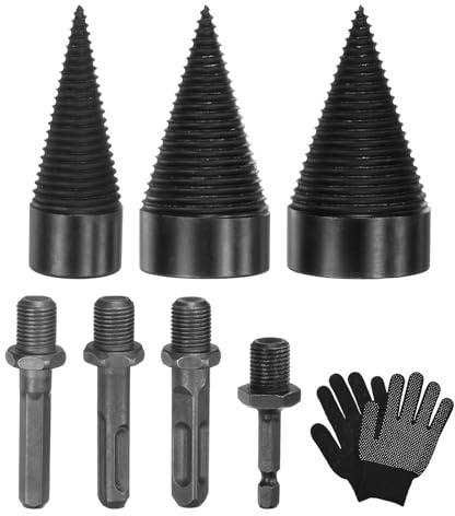 M METERXITY 3-Pack Wood Splitter Drill Bit 32mm + 45mm + 50mm | Black, Grey, Firewood Log Splitter, Square, Round, Hex Shank, Small Hex, 4 Handles, with Gloves, for Outdoor, Stove, Farm